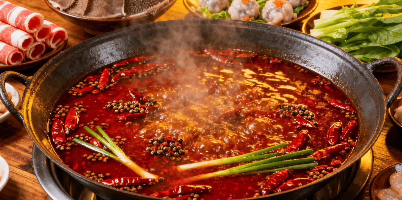A red Sichuan hotpot with fresh ingredients arranged beside the pot.